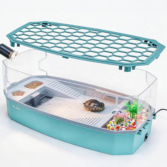 Large Turtle Tank Aquarium Kit with Basking Platform 3-Stage Filter Heating Lamp Anti-Escape Lid Complete Habitat for Aquatic Box Turtles (Green, 25.4×12.2×9.5 Inch)