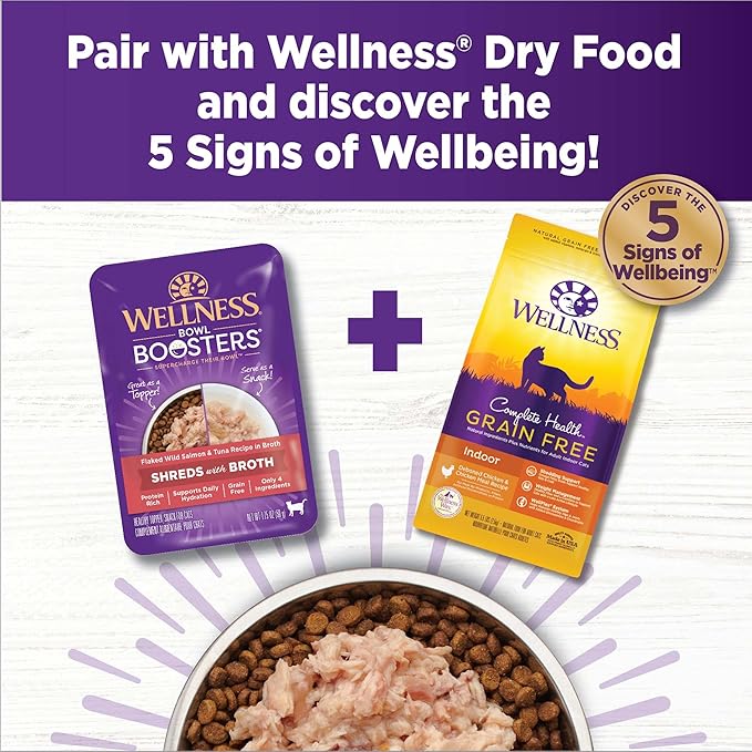 Wellness Bowl Boosters Shreds with Broth Wet Cat Food Topper, Grain Free, Natural, Flaked Salmon and Tuna Recipe, 1.75 oz, Pack of 12 Pouches