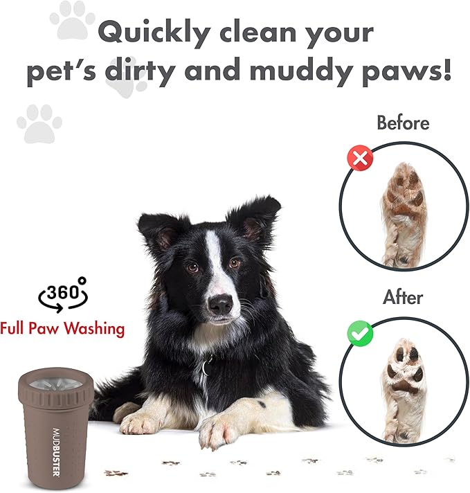 Dexas MudBuster Medium Dog Paw Cleaner in Taupe - Fits 1.5"-2.5" Wide Paws, Portable Paw Washer for Muddy Paws, Dog Paw Cleaning Cup with Gentle Silicone Bristles, Quick Clean Pet Paw Washer