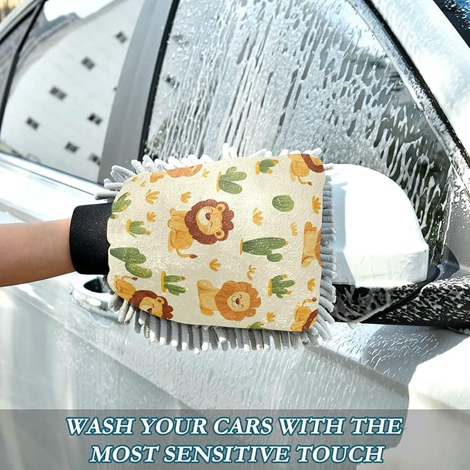 Car Wash Mitt Microfiber Wash Mitts for Car Washing Scratch-Free Cleaning Gloves Soft Non Absorbent Chenille Auto Hand Mitt Medium 2Pack Cute Yellow Lion and Cactus