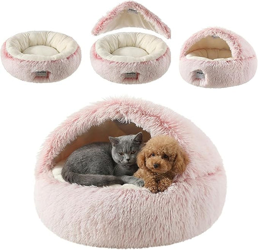 Hooded Dog Bed, Cat Cave Bed with Removable Hood, 2-in-1 Convertible Donut Cat Bed, All Season Fluffy Pet Bed for Cats Small Dogs (Cave Bed - Pink, Medium 19.7 Inches)