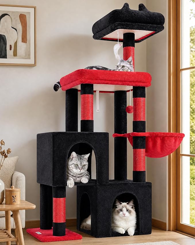 Globlazer Gothic Cat Tree Tower with 2 Spacious Condos for Multiple Indoor Cats, 52in Multi-Level Goth Cat Condo Tower with 5 Scratching Posts, Padded Perch, Big Basket, Widened Base, S52, Black Red