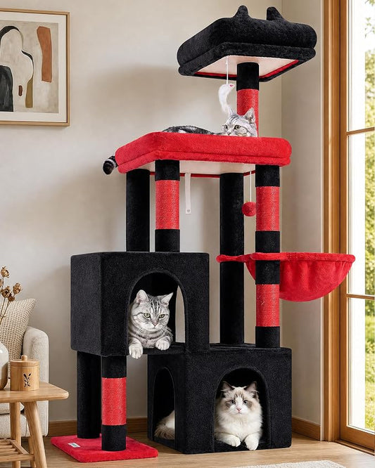 Globlazer Gothic Cat Tree Tower with 2 Spacious Condos for Multiple Indoor Cats, 52in Multi-Level Goth Cat Condo Tower with 5 Scratching Posts, Padded Perch, Big Basket, Widened Base, S52, Black Red