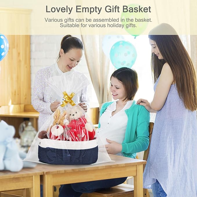 Small Woven Basket with Gift Bags and Ribbons, Empty Baby Gift Baskets for Kids Women Men, Shelf Storage, Small Cat Dog Pet Toy Boxes, 13”x 9”x 5.5”, Navy Blue