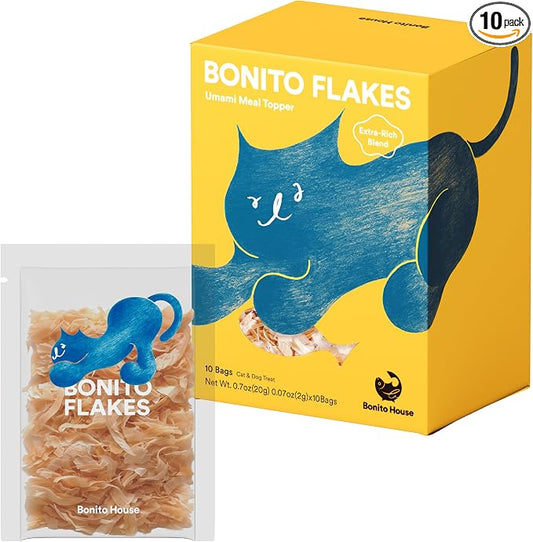 Meal Topper Bonito Flakes for Cats & Dogs – 100% Wild-Caught, High-Protein, All-Natural Topper – No Additive, Grain-Free – Extra Rich Blend – 10 Bags Total, 0.7oz