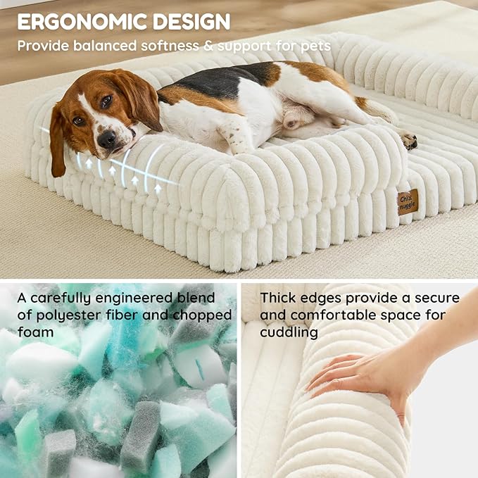 ChiXnuggle Orthopedic Dog Bed with Bolster Sides for Sleeping, Fluffy Plush Rectangular Dog Bed Large Sized Dog, Luxury Striped Faux Fur Waterproof Dog Couch with Removable Washable Cover, Cream