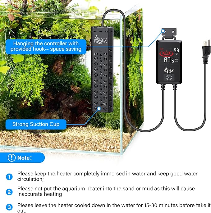 AQQA Fish Tank Heater 1000W for Aquarium 135-258 Gallon Quartz Glass Betta Fish Submersible Heater Thermostat with Intelligent Controller for Freshwater and Saltwater (AQ197-1000W for 135-258Gal)
