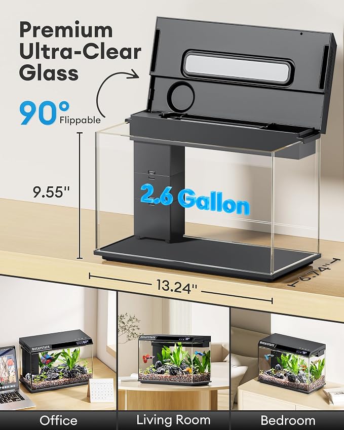 BUCATSTATE 2.6 Gallon Fish Tank, 3 Stage Filtration with Independent Waste Compartment Aquarium, Quiet 3 in 1 Pump, Real-Time Temp Display, 8-Mode LED Light Fish Tank (Black)