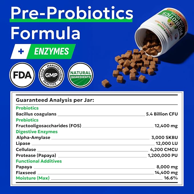 BARK&SPARK Dog Probiotics 180 Chews for Digestive Health w/Enzymes & Fiber - Diarrhea Gas Treatment Upset Stomach Relief - Allergy & Itchy Skin - Pet Probiotics for Dogs