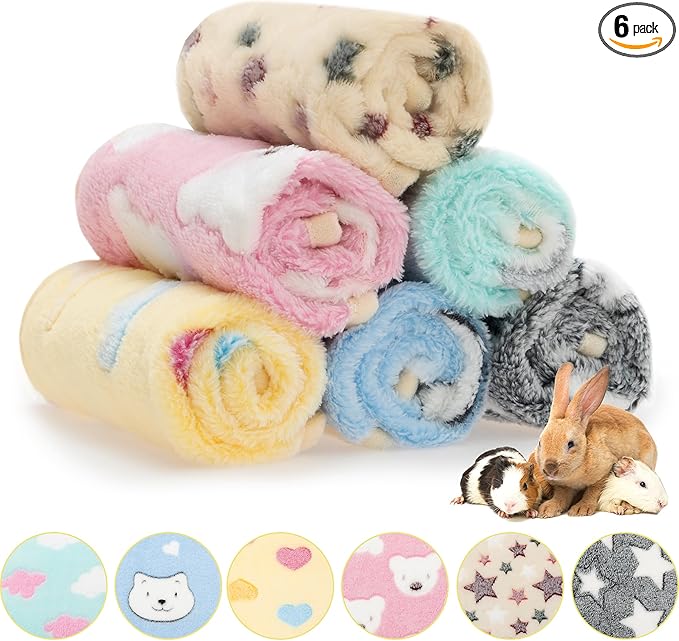 Guinea Pig Bedding Blankets - 6 Pack Soft Fleece Liner Small Animal Cage Accessories for Rat Hedgehog Chinchilla Hamster Rabbit Bunny, Washable Sleep Mat Bedding Accessories (16"*24")