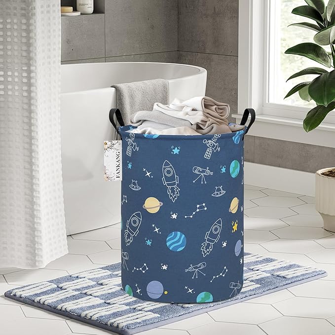 Storage Basket, Nursery Hamper Canvas Laundry Basket Foldable with Waterproof PE Coating Large Storage Baskets for Kids Boys and Girls, Office, Bedroom, Clothes,Toys（Colorful Space ）