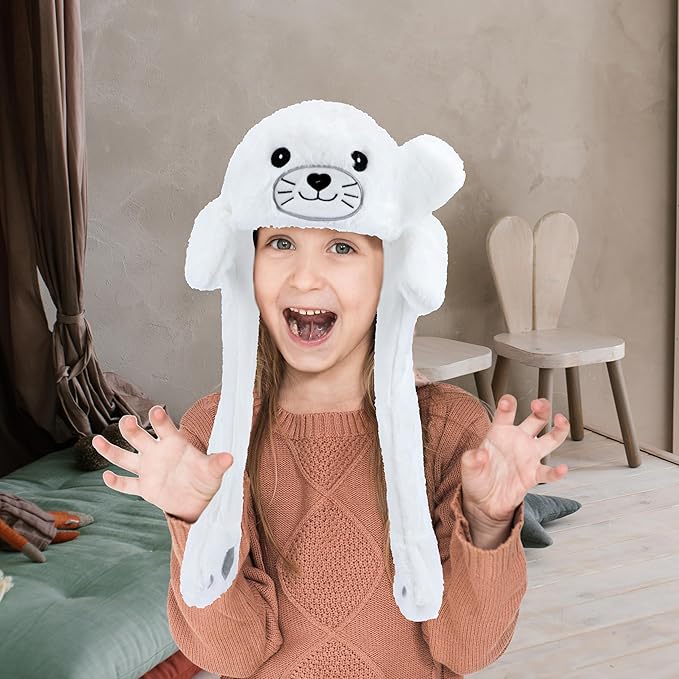 Bubblepompom Animal Hat with Ears Moving Jumping Pop Up Beating Hat Plush Holiday Cosplay Dress Up Funny Gift for Kids