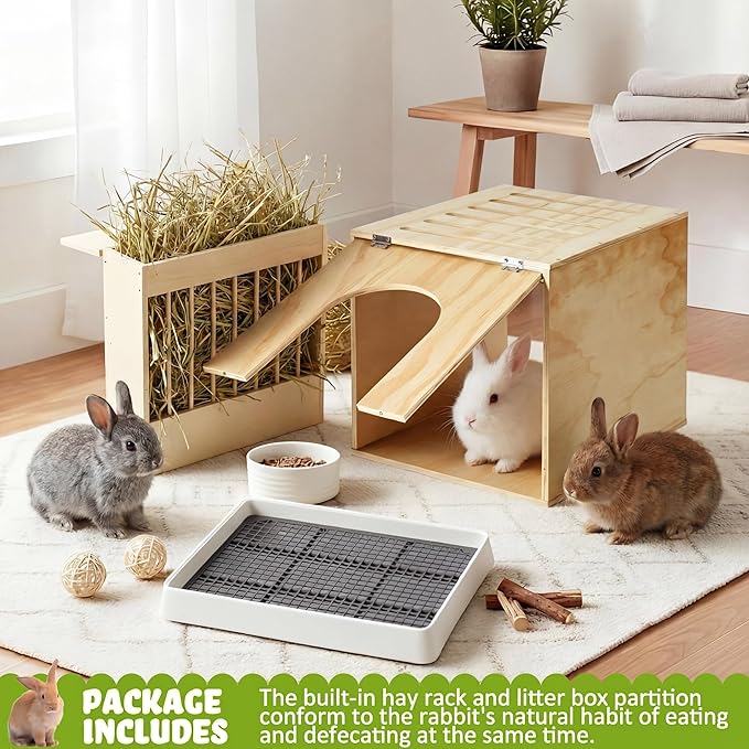 2 in 1 Extra Large 23 x 13.4 Inches Wooden Rabbit Litter Box with Hay Feeder Large Capacity Less Mess Rabbit Hay Feeder Litter Box Set for Rabbits, Bunny, Guinea Pig, Hamster, Small Animals