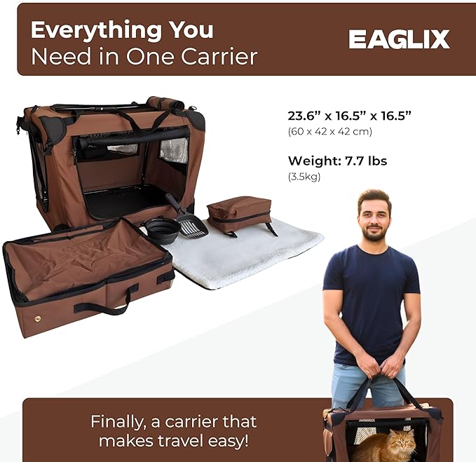 Large Cat Travel Carrier – Soft Sided Spacious Pet Carrier for Medium to Large Cats (Up to 25 lbs), Built-in Litter Box & Water Bottle, Car & Vet Travel, Foldable & Breathable – Brown