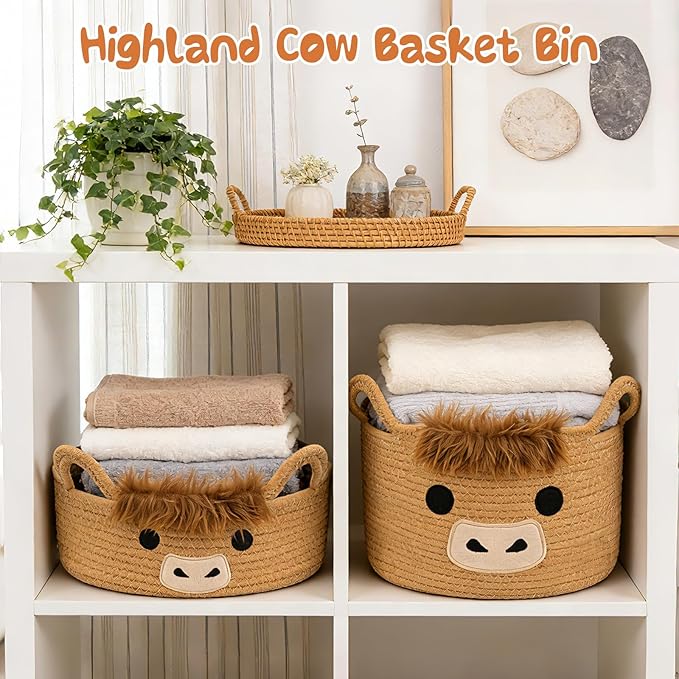 Oval Highland Cute Cow Basket for Nursery, Large Woven Gift Basket, Shelves Rope Cotton Storage Bins for Gifts Empty, Baby Shower Blanket with Handles,Towel Burr Decorative, 13"D x 8"H in