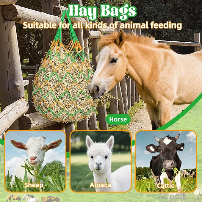 YedsIntu 3 Pcs Hay Bags for Horses, Hay Nets for Horses Goat Sheep,Goat Hay Feeder for Slower Feeding,Strong Load-Bearing Hay Bag Hanging for Horse Stable Trailer (Green)