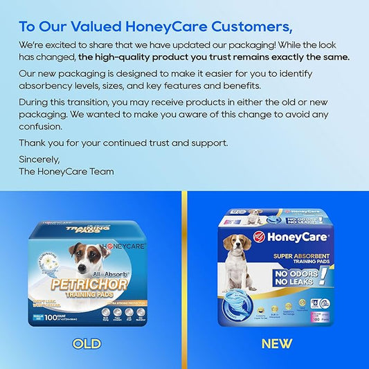 Honey Care All-Absorb Puppy Training Pads Made in The USA! Ultra Absorbent and Odor Eliminating, Leak-Proof 5-Layer Potty Training Pads 22"x23" with Quick-Dry Surface