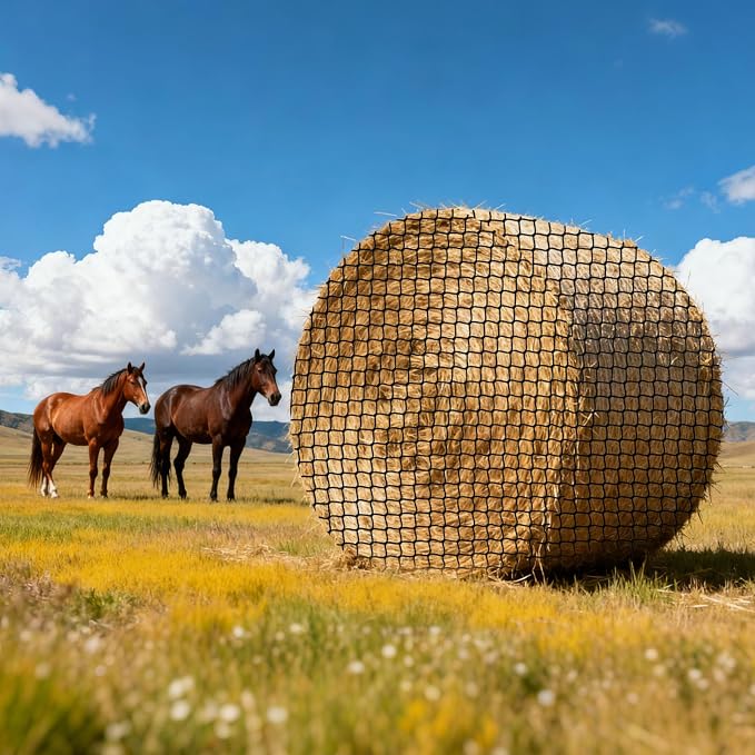 VEVOR Round Bale Hay Net, 5.91 x 5.91 x 5.91 ft, 1.65 inch Holes, PE Material, Knotless Design, with Zip Ties, Needle Shuttle, Repair Twine and Storage Bag, Slow Feeder Round Bale Net for Horses