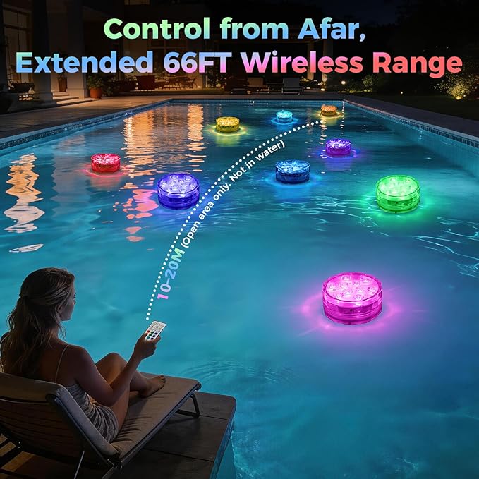 BITIWEND 2026 Upgraded Submersible LED Pool Lights with Remote, 10 LEDs IP68 Waterproof Floating Lights Battery Powered Lights for Hot Tub, Spa, Vase, Pond, Decoration, Party (4 Pack)