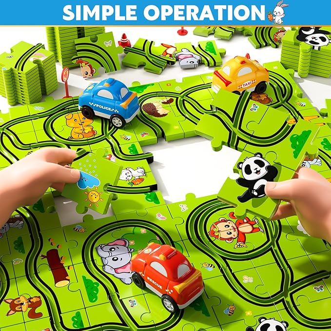 Beby Buty 64PCS Puzzle Race Track Car Set for Kids Boys, Floor Puzzle Tracks Car Toys for Boys Girls Ages 3-5 4-6, Toddler Toys Gifts for 3 4 5 Year Old, Ideal 3 4 5 6 Year Old Birthday Gifts