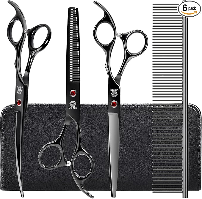Dog Grooming Scissors Kit with Safety Round Tips, GLADOG Professional 5 in 1 Grooming Scissors for Dog and cat