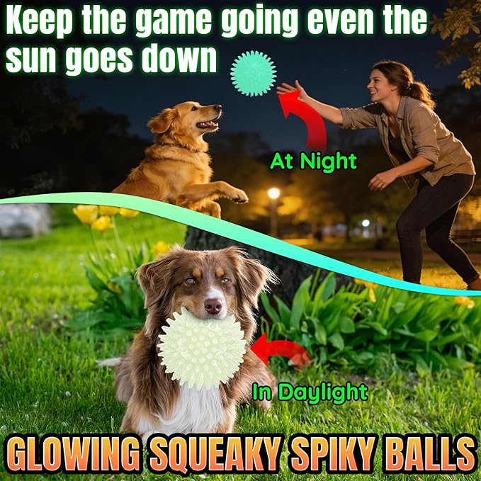 LECHONG 4-Pack Glow in The Dark Squeaky Dog Balls, 4.5” Large Spiky Dog Toy Balls, Durable Glowing Rubber Fetching Ball for Medium & Large Dogs Nighttime Playing Indoors & Outdoors