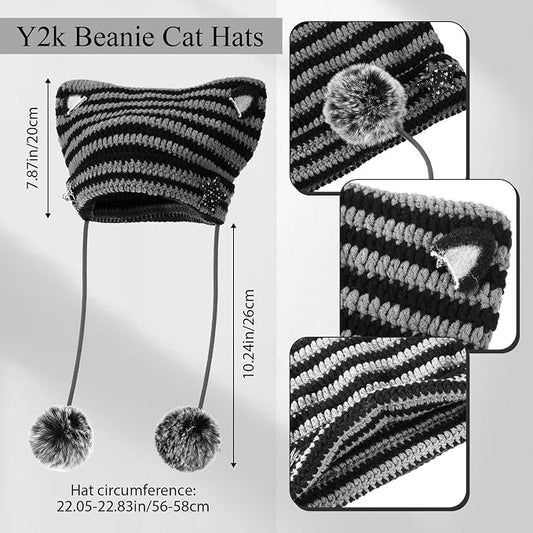 Y2k Beanie Cat Crochet Hats Cat Beanie Accessories with Kawaii Leg Cover for Women Girls