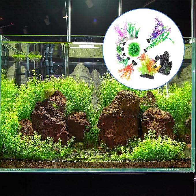 Toyvian Aquarium Decorations Set, 13piece Lifelike Artificial Aquatic Plants with Realistic Rock Cave Hideout Fish Tank Accessories Kit for Goldfish and Tropical Fish