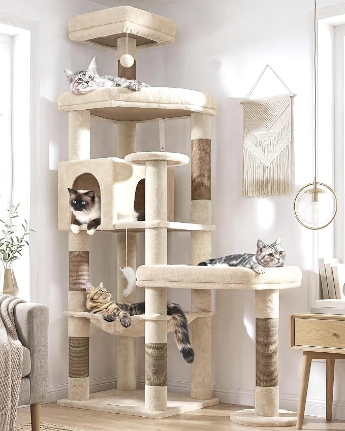 Globlazer Extra Large Platform Cat Tree, 65in Tall Sturdy Cat Tree for Indoor Cats Large Adult, Big Cat Tower for Big Cats with 3 Enlarged Perches, 6 Scratching Posts, Cat Condo, Hammock, S65, Beige