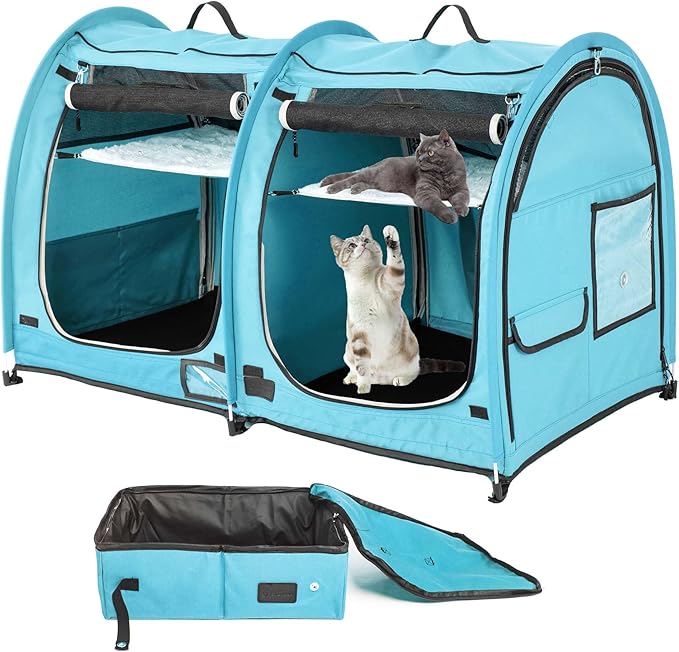 Mispace Portable Twin Compartment Show House Cat Cage/Condo - Easy to Fold & Carry Kennel - Comfy Puppy Home & Dog Travel Crate with Portable Carry Bag/Two Hammocks/Mats and Collapsible Litter Box