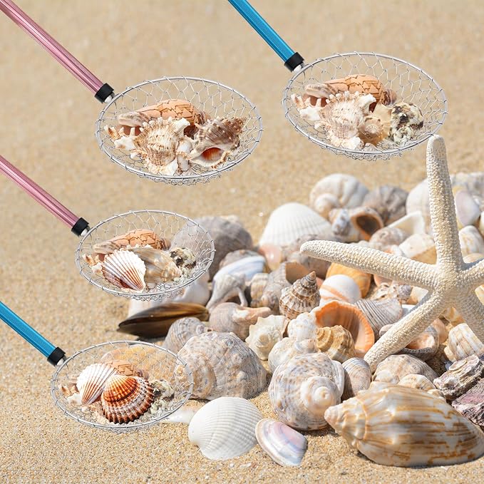 Roshtia 4 Pcs Beach Sand Sifter Set, Adjustable Long Handle Shell Scoop, Shark Tooth Sifter Mesh Shovel for Family Seashell Collecting, Sea Glass Hunting and Beach Treasure Fun
