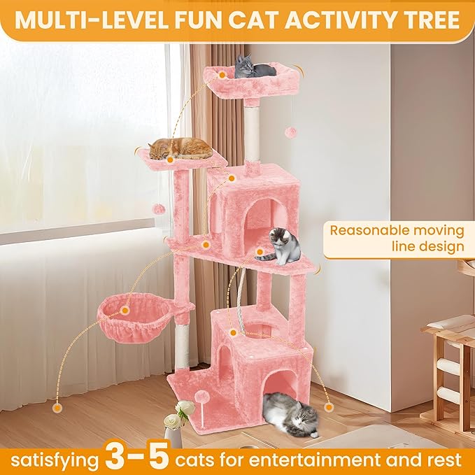 54-Inch Cat Tree Tower with 2 Caves & 2 Pompoms - Multi-Level Tower for Indoor Cats, Soft Plush Condo with Scratching Posts - Sturdy Base for Large Cats(Pink)