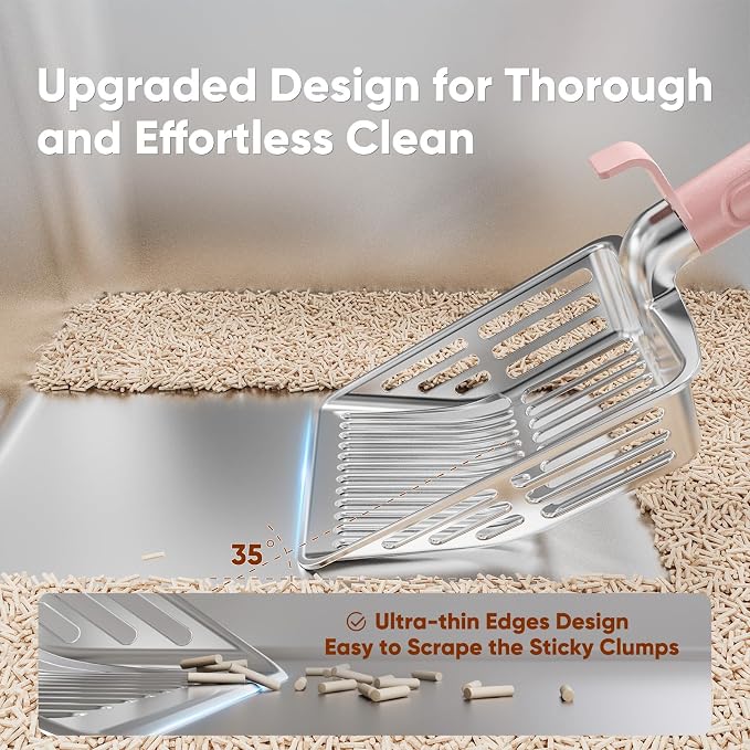 Metal Cat Litter Scoop, Large Cat Scooper with Deep Shovel & Dual Sifting Holes for Fast & Precise Sifting, Space Aluminum Kitty Litter Scooper with Long Handle & Easy-to-Hang Hook - Pink
