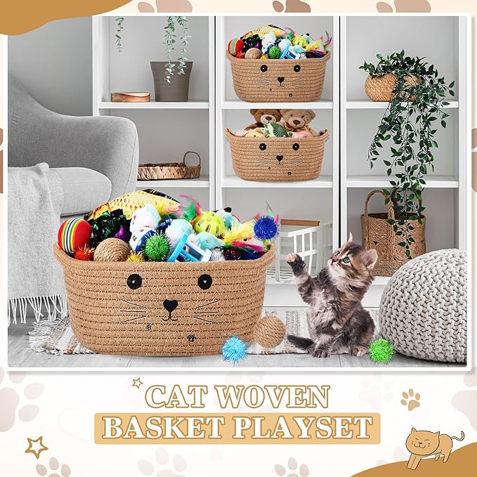 Zopeal 58 Pcs Mother’s Day Cat Storage Basket Gift Toys Set, Colorful Flashing Balls Pet Bell Crinkle Balls Spring Toys Attract Cat to Swat, Hunt, Interactive for Pet(Khaki,9.8 Inch)