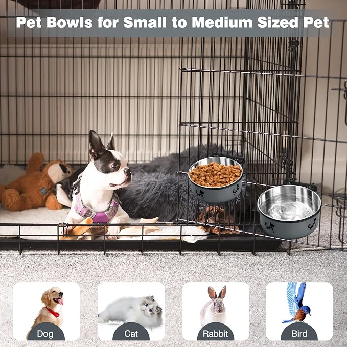 Dog Crate Bowls Hanging No Spill, Set of 2 Dog Crate Water Bowl, Mountable Stainless Steel Pet Cage Accessories Feeder Crate Water Food Dish Coop Cup for Cat Puppy Bunny Guinea Pig Ferret