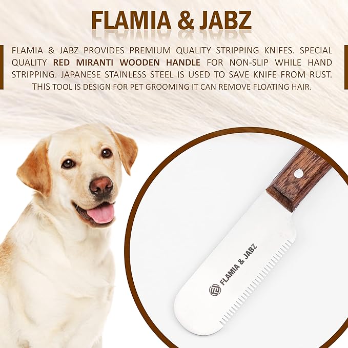 FLAMIA & JABZ Professional Dog Grooming Hand Stripping Knife, Stripper Trimmer Tool, Red Meranti Wooded Handle non slip grip with Tripping Stainless Steel blade (Medium, Right Handed)