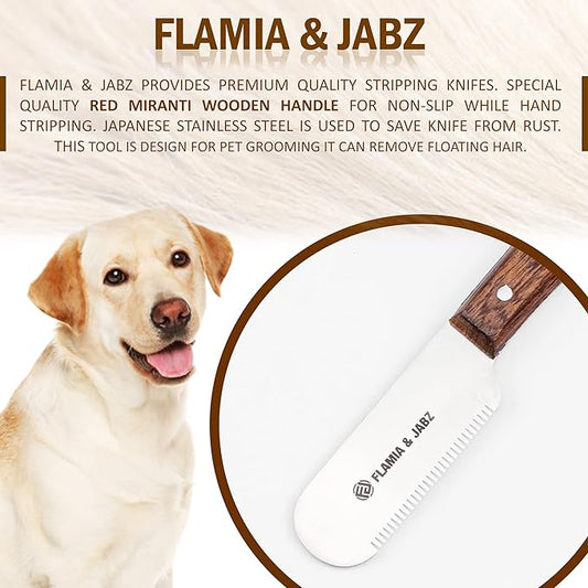 FLAMIA & JABZ Professional Dog Grooming Hand Stripping Knife, Stripper Trimmer Tool, Red Meranti Wooded Handle non slip grip with Tripping Stainless Steel blade (Medium, Right Handed)