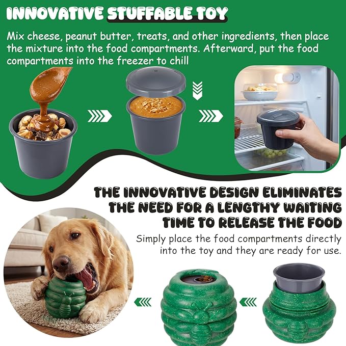 Gemscream 1 Pack Large Dog Toys for Aggressive Chewers, Dog Treat Dispensing Toy to Keep Them Busy, 2-in-1 Fillable Holder with 2 Cups and Food-Dispensing Lids for Large Medium (Green)