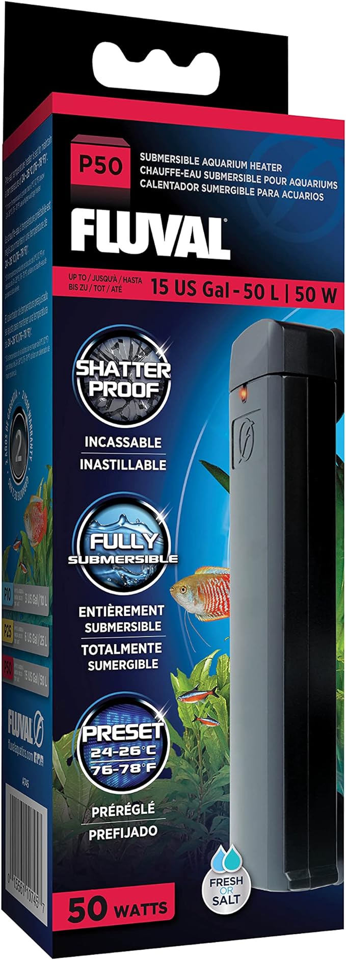 Fluval P50 Submersible Aquarium Heater – 50W, Preset 76-78°F for Freshwater & Saltwater Tanks up to 15 Gal, Shatterproof, Fully Submersible, LED Indicator, Durable & Safe Fish Tank Heater