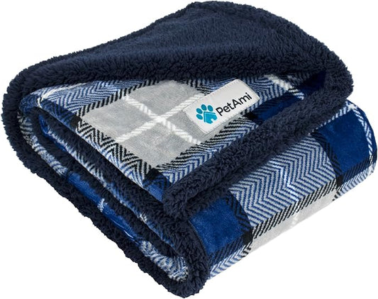 PetAmi Dog Blanket for Small Medium Dogs and Cats, Soft Sherpa Fleece Pet Blanket Throw Puppies Kittens, Reversible Plush Couch Cover Protector Sofa Bed Crate, Machine Washable, 60x40, Plaid Navy Blue