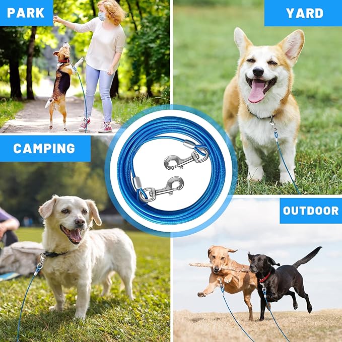 Dog Tie Out Cable 10/15/20/25/30/50 FT Dog Runner for Yard Steel Wire Dog Cable with Durable Superior Clips Blue Dog Chains for Outside Dog Lead for Large Dogs Up to 165 lbs