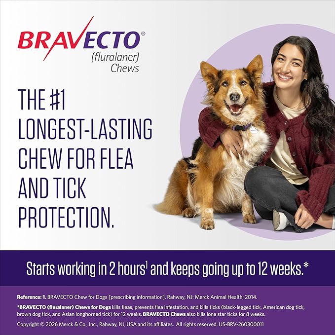 BRAVECTO Chew for Dogs, Flea & Tick, 1 Chew, 12 Week Supply, 88-123 lbs., Pink Box