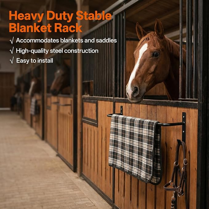 4Pcs Horse lanket Rack with Bridle Hooks, 34 Inch Steel Wall Mounted Removable Horse Blanket Bar, Can be installed on stall doors, Saddle Pad Rack for Hanging Blankets Pads, Saddle Blankets, Black