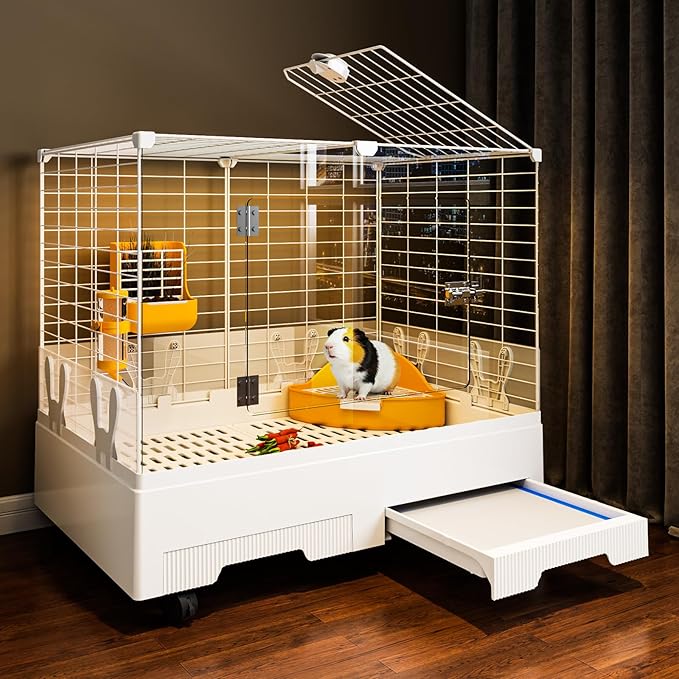 Oneluck Large Rabbit Cage Indoor,2-Story Bunny Hutch with Rasied Urine-Proof Walls, Leak-Proof Trays, Wheels,37" L x22 W x 30" H for Rabbits, Chinchillas, Guinea Pig (Small, Transparent)
