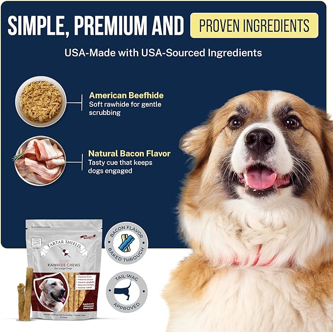 Tartar Shield Soft Rawhide Chews | Safe Dental Treats for Large Dogs | Vet VOHC Approved | Daily Bone Cleans Teeth & Gums Fresh Breath Oral Health Support | USA Made | (Large Dogs / 24 Count)