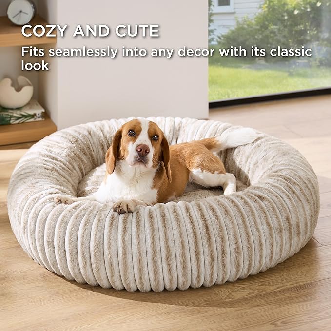 Bedsure ComfyFleece™ Donut Large Dog Bed - Washable Faux Fur with Corduroy Fleece & Anti Slip Bottom, Round Pet Bed with Removable Cover, Amphora, 36x36x8 inches