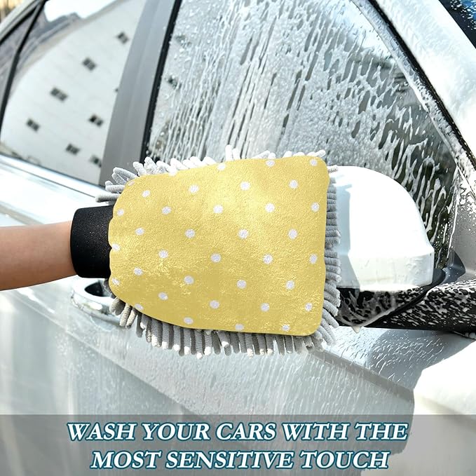 Car Wash Mitt Microfiber Wash Mitts for Car Washing Scratch-Free Cleaning Gloves Soft Non Absorbent Chenille Auto Hand Mitt Medium 2Pack Polka Dots Yellow