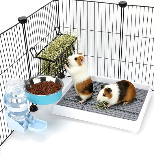 FHTONGE 4 in 1 Guinea Pig Litter Box with Feeder for Cage, Metal Hay Rack&Trainer Tray&Water Bottle&Food Bowl, Guinea Pig Toilet and Feeder Combo for Bunny Hamster Hedgehog Chinchilla Sugar Glider