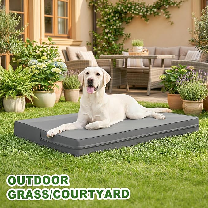 Vonabem Outdoor Waterproof Dog Bed Washable, Large Crate Pad 35 inch, Cooling Wipeable Leather Pet Beds with Removable Cover Reversible, Orthopedic Foam Anti-Slip Kennel Pads 35"x22" Grey