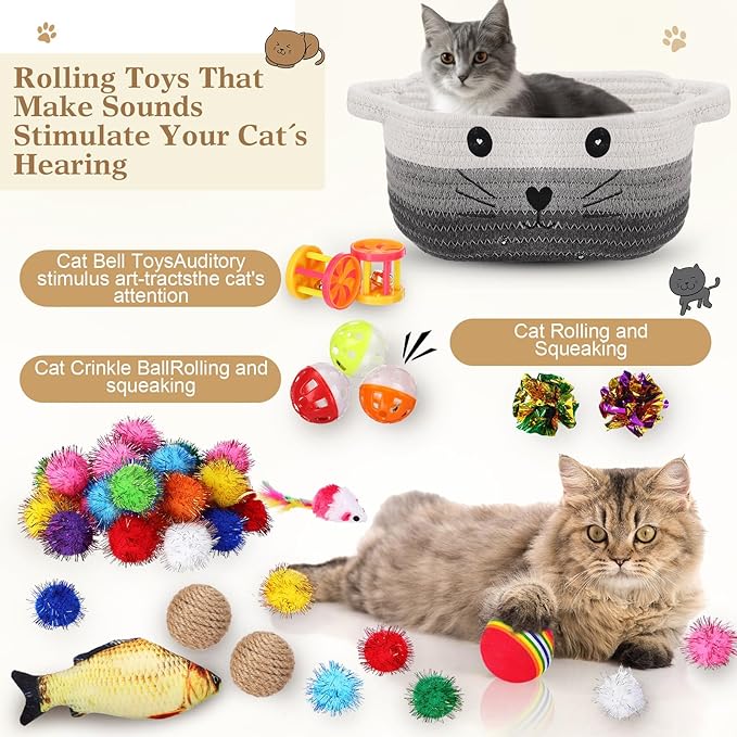 Zopeal 58 Pcs Mother’s Day Cat Storage Basket Gift Toys Set, Colorful Flashing Balls Pet Bell Crinkle Balls Spring Toys Attract Cat to Swat, Hunt, Interactive for Pet(Multicolor,9.8 Inch)